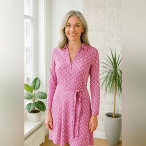 Brooks Brothers 346 Pink & White Belted Geometric Pattern Women's Dress Sz S